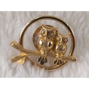 Cottagecore Owls Tree Branch Lapel Pin Tie Tack Gold Tone 1970s Avon Signed VTG